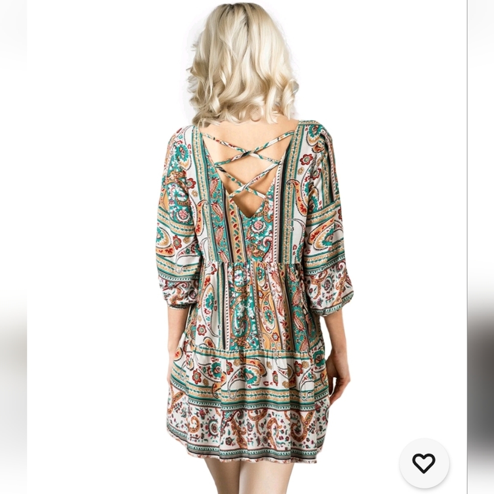 Umgee Boho Paisley Mini Dress in Mustard, Teal & Rust - Picture 2 of 9